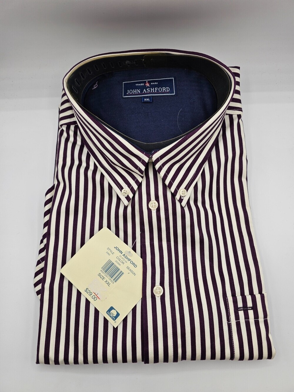 Vintage John Ashford Mens Sz XXL Long Sleeve Button Up Dress Shirt Navy Striped